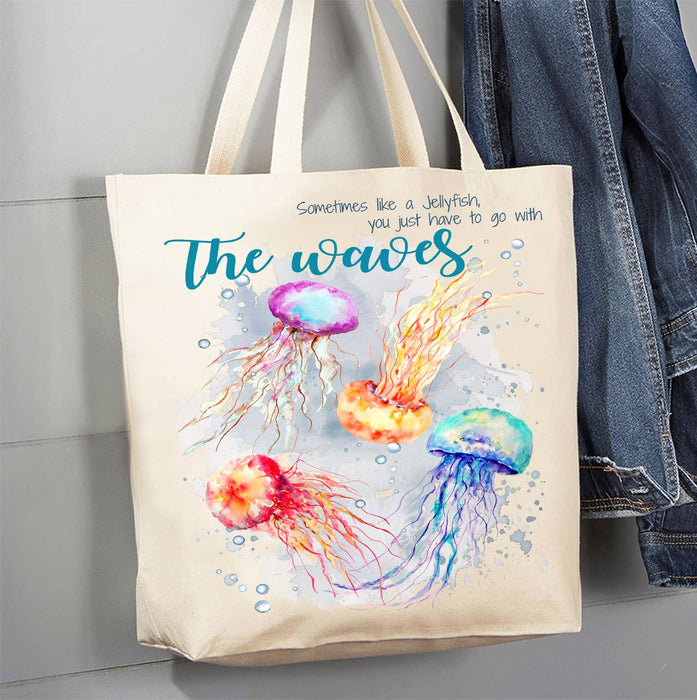 Jellyfish Go with the Waves Ocean Canvas Tote Bag