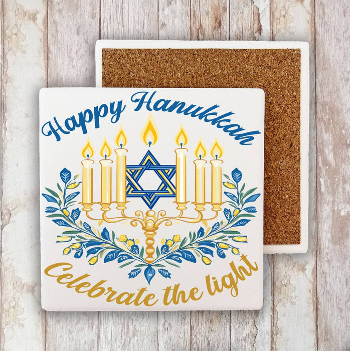 Happy Hanukkah Menorah Star Stone Coaster