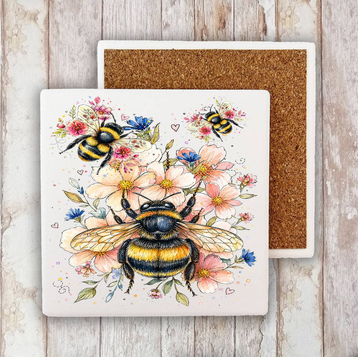Watercolor Bees Flowers Stone Coaster