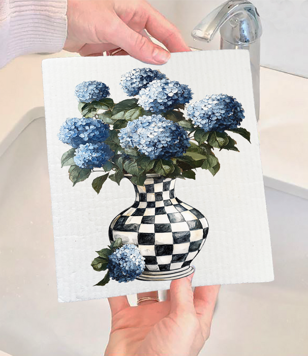 Checkered Vase with Blue Hydrangeas Swedish Dishcloth