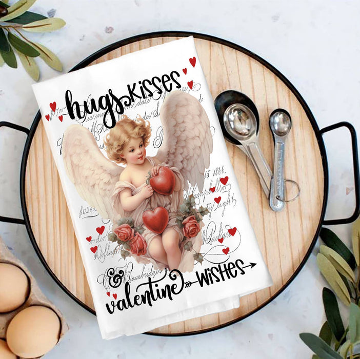 Vintage Angel Cupid Hugs Kisses Valentine Tea Towel