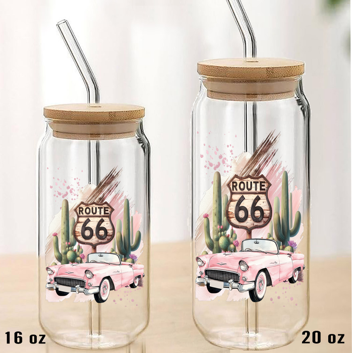 Route 66 Pink Vintage Car  Can Glass with Lid Straw