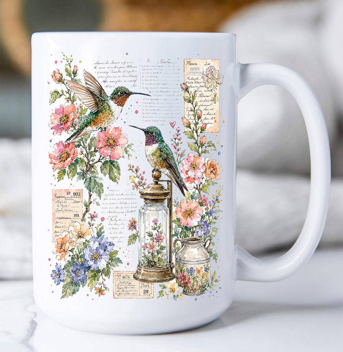Vintage Flowers Hummingbirds Coffee Mug