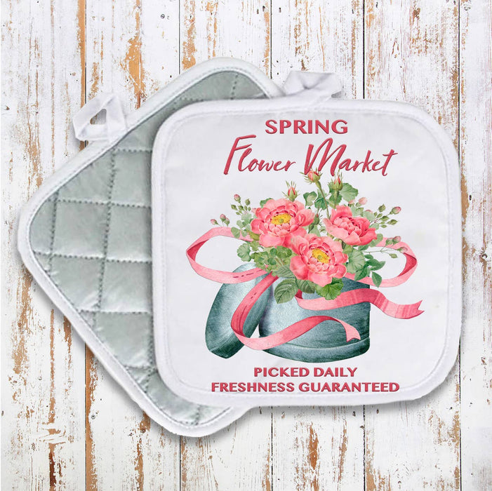 Pink Spring Flowers Pot Holder Oven Mitt
