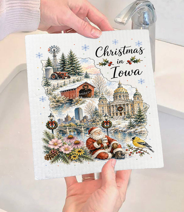 Christmas in Iowa State Map Swedish Dishcloth