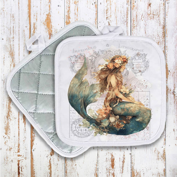 Vintage French Mermaid Coastal Pot Holder Oven Mitt