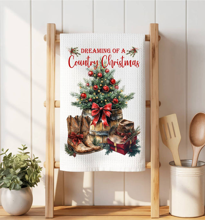 Country Christmas Western Cowboy Boots Waffle Weave Towel