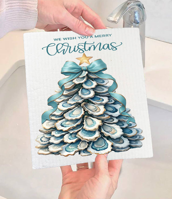 Coastal Christmas Oyster Tree Swedish Dishcloth
