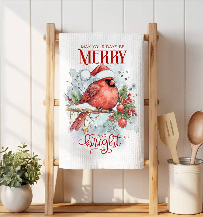 Christmas Days be Merry Red Cardinal Waffle Weave Towel