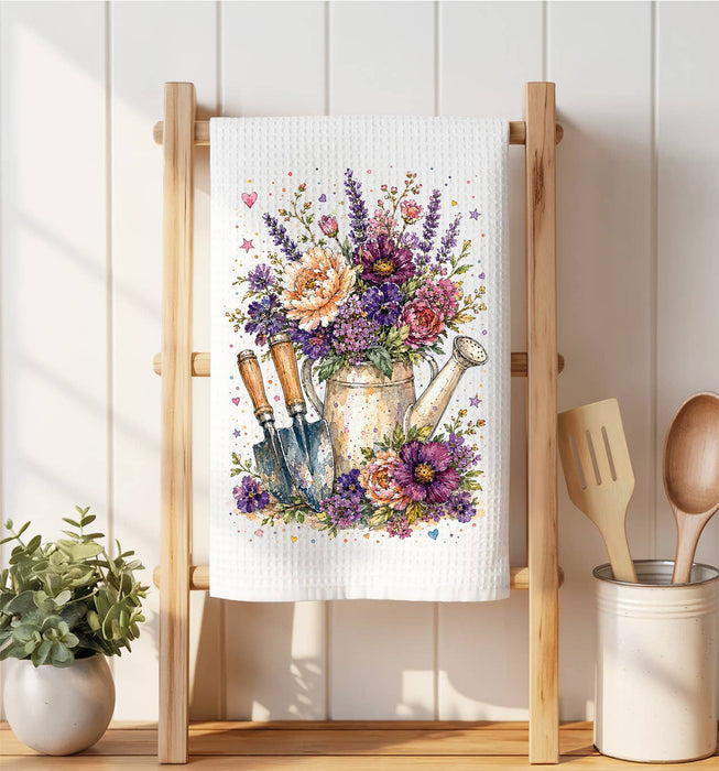 Watercolor Flower Watering Can Garden Waffle Weave Towel