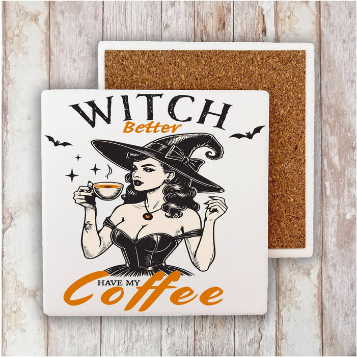 Halloween Retro Witch Better Coffee Stone Coaster