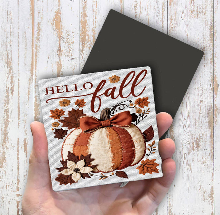 Hello Fall Quilted Pumpkin  Magnet Fridge
