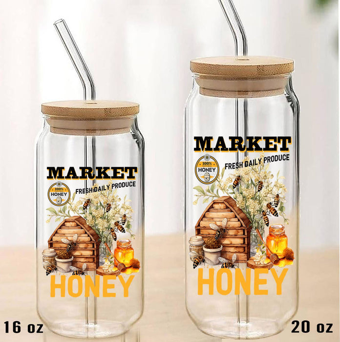 Honey Bees Country Market Can Glass with Lid Straw