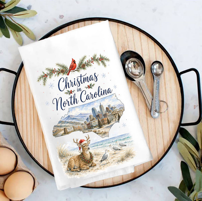 Christmas in North Carolina State Map Tea Towel