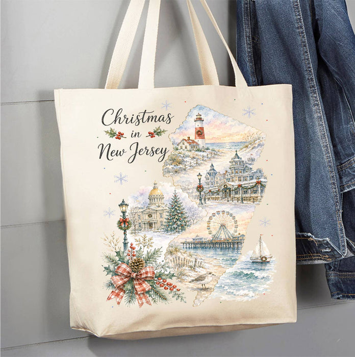Christmas in New Jersey State Map Canvas Tote Bag