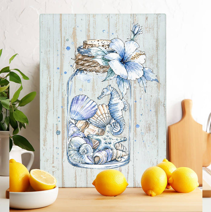 Coastal Blue Sea Shells in a Jar Glass Cutting Board