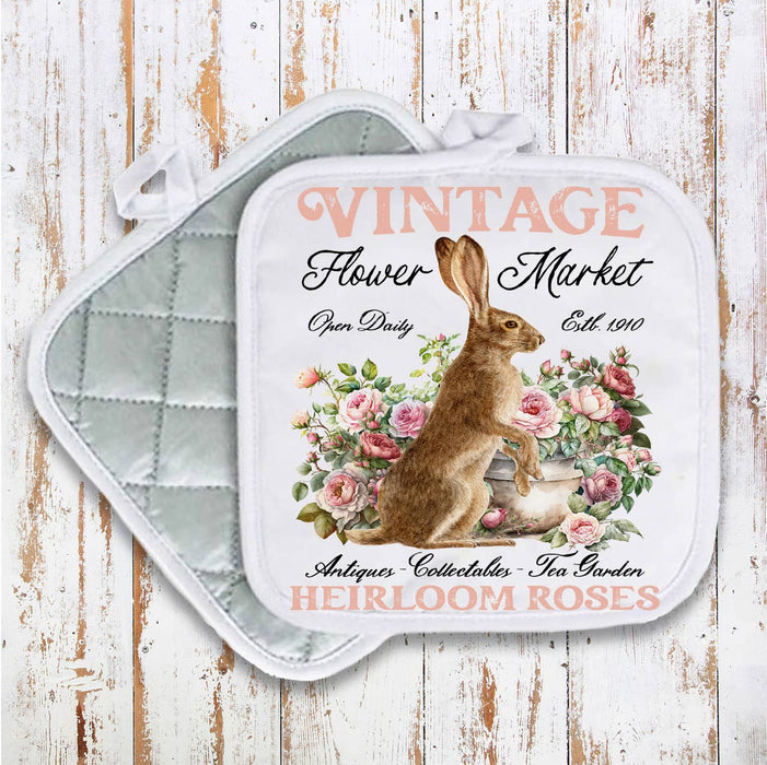 Vintage Easter Bunny Heirloom Roses Pot Holder Oven Mitt