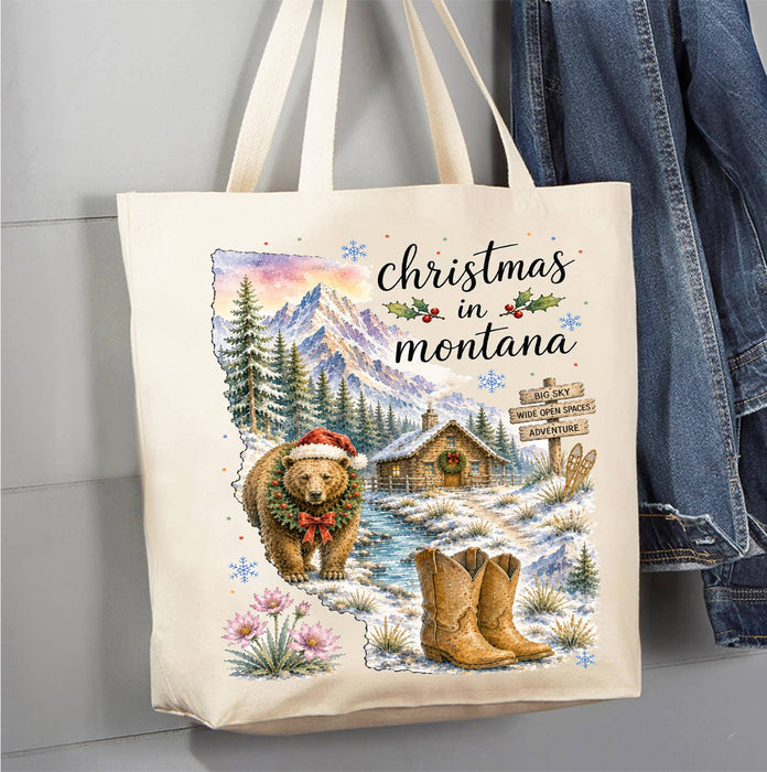Christmas in Montana State Map Canvas Tote Bag