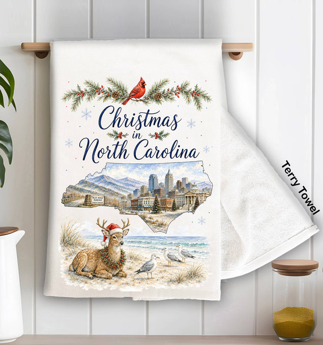 Christmas in North Carolina State Map Kitchen Terry Towel