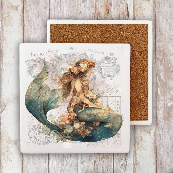 Vintage French Mermaid Coastal Stone Coaster