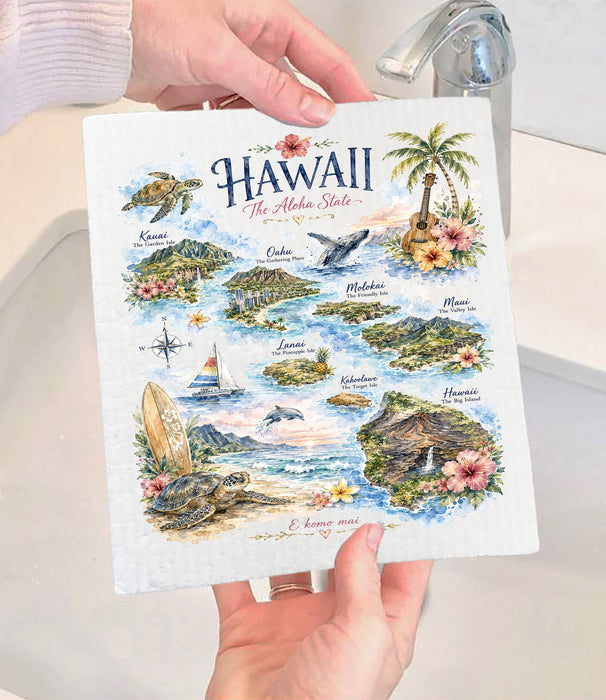 Hawaii State Map Landmark Swedish Dishcloth