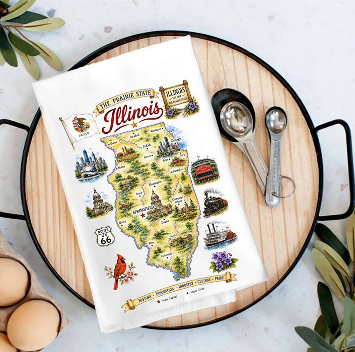 Illinois State Map Landmark Tea Towel