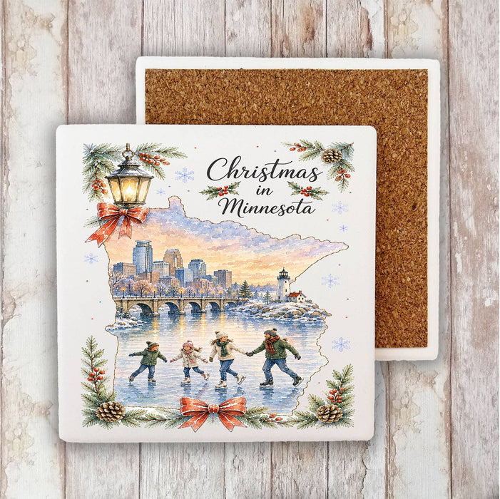 Christmas in Minnesota State Map Stone Coaster