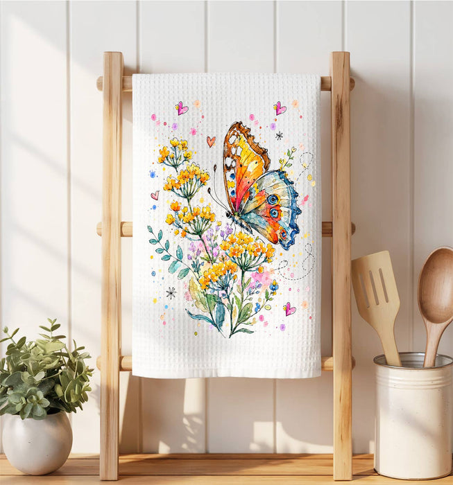Spring Butterflies Wildflowers Waffle Weave Towel