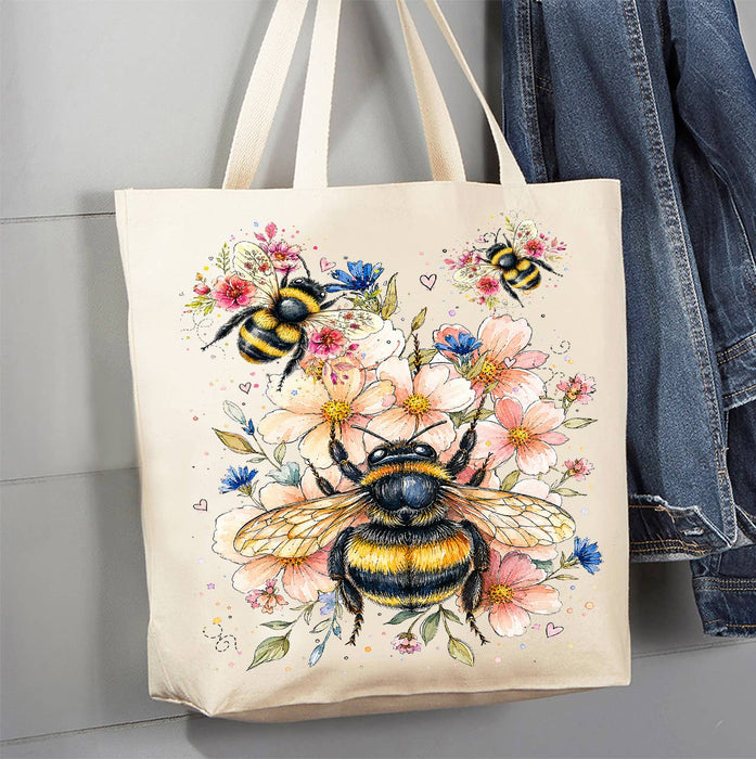 Watercolor Bees Flowers Canvas Tote Bag