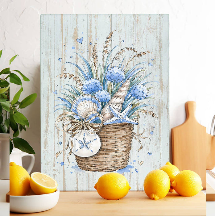 Coastal Blue Baskets of Shells Bouquet Glass Cutting Board