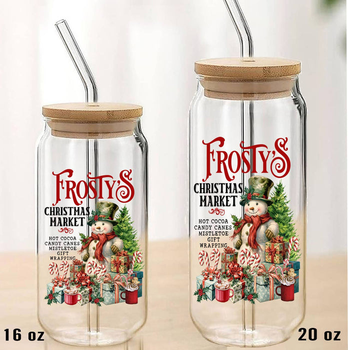 Christmas Frosty the Snowman Can Glass with Lid Straw