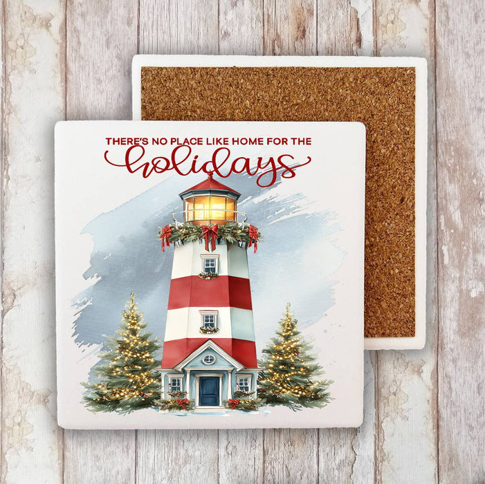 Coastal Christmas Lighthouse Home for Holiday Stone Coaster