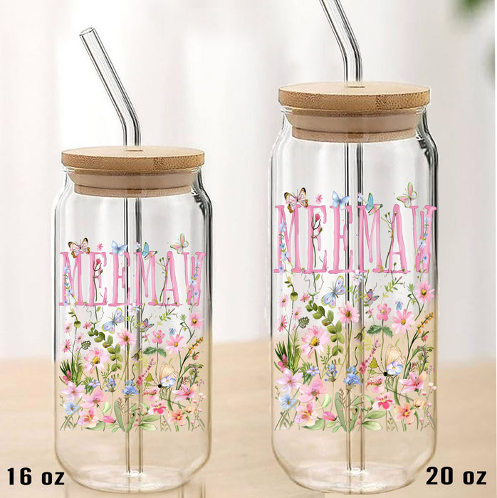 Mother's Day Wild Flowers Meemaw Can Glass with Lid Straw