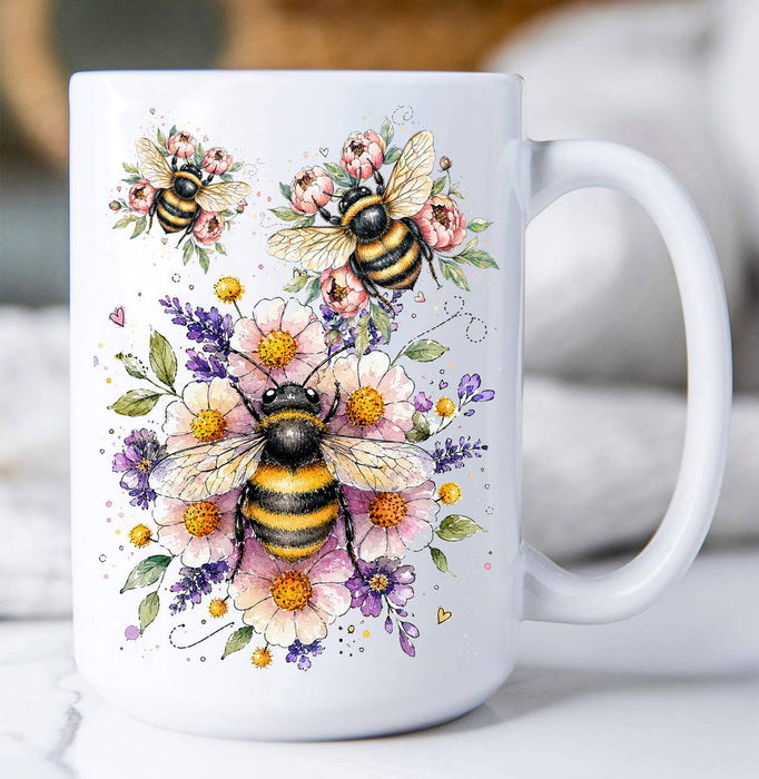 Whimsical Bees Flowers Coffee Mug
