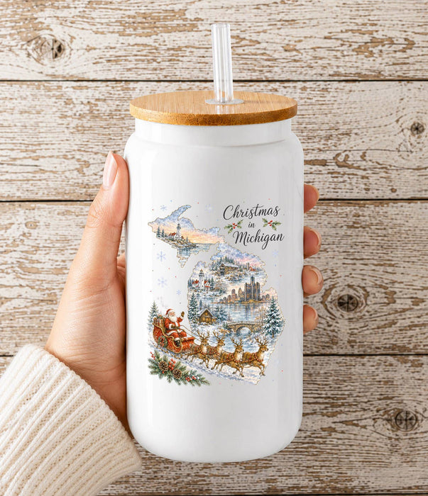 Christmas in Michigan State Map Glass Cup