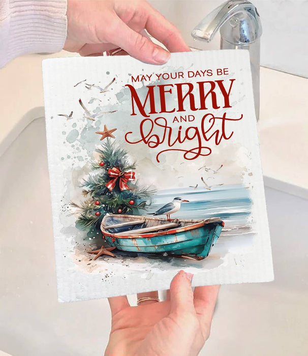 Coastal Christmas Beach Boat Swedish Dishcloth