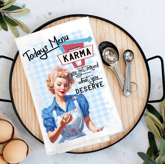 Retro Funny Karma Served Tea Towel