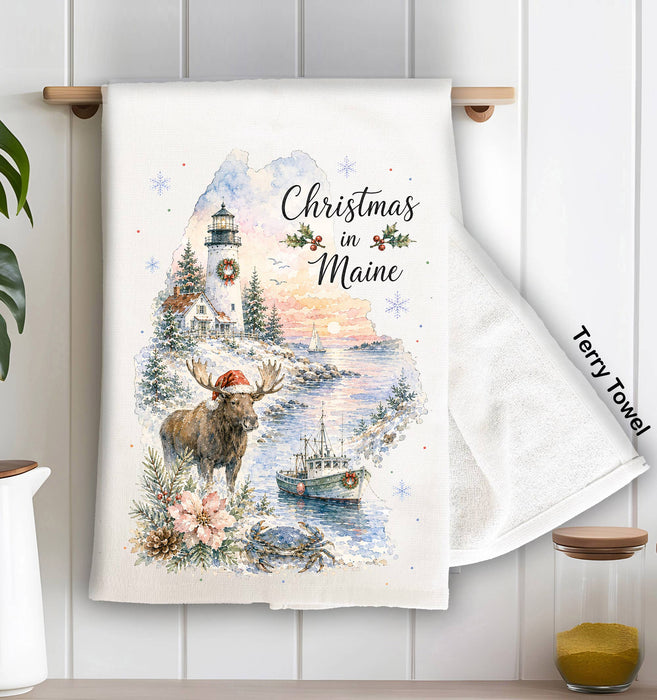 Christmas in Maine State Map Kitchen Terry Towel