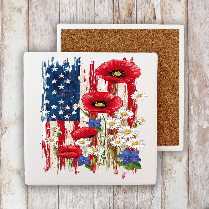Patriotic American Flag Flowers  Stone Coaster