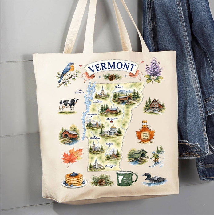 Vermont State Map Landmark Canvas Tote Bag