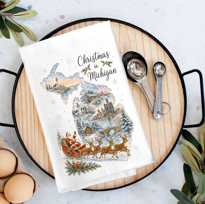 Christmas in Michigan State Map Tea Towel