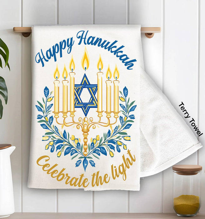 Happy Hanukkah Menorah Star Kitchen Terry Towel