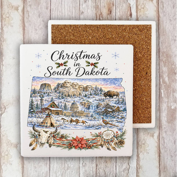 Christmas in South Dakota State Map Stone Coaster