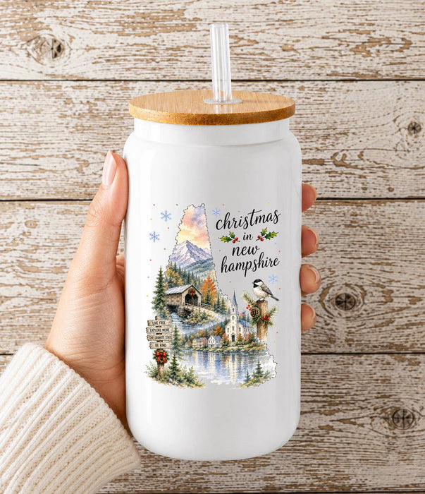 Christmas in New Hampshire State Map Glass Cup