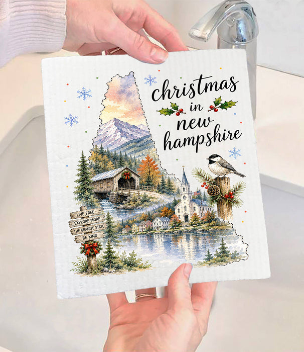 Christmas in New Hampshire State Map Swedish Dishcloth