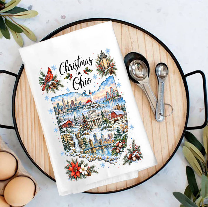 Christmas in Ohio State Map Tea Towel