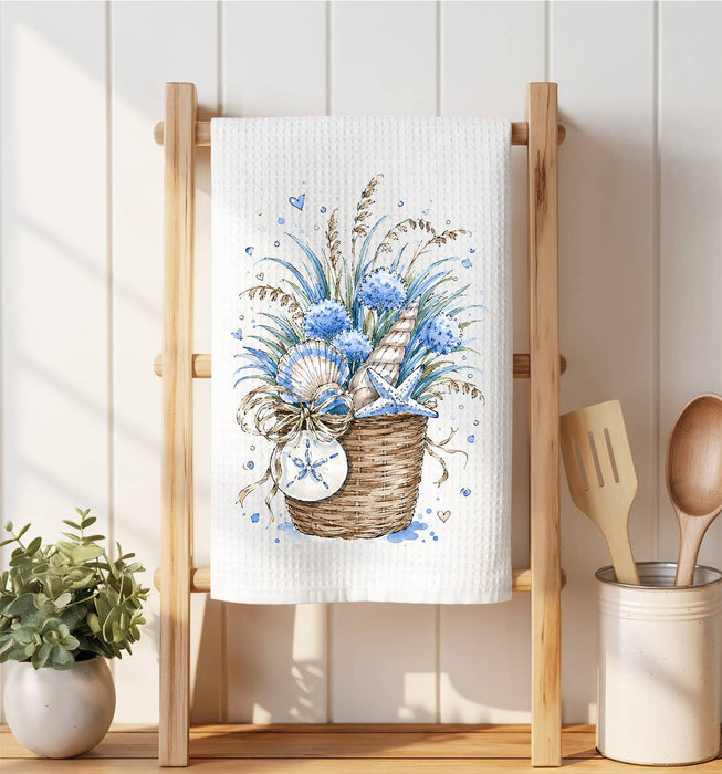 Coastal Blue Baskets of Shells Bouquet Waffle Weave Towel
