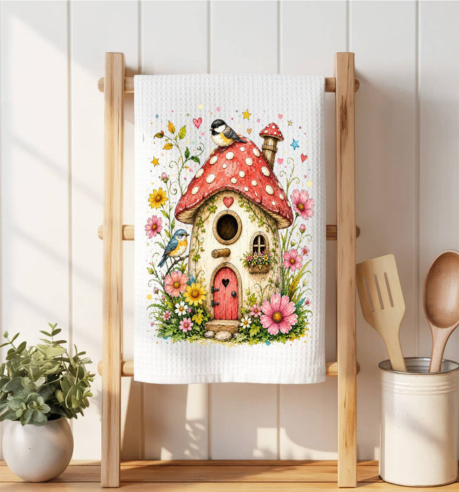 Mushroom Birdhouse Flowers Waffle Weave Towel