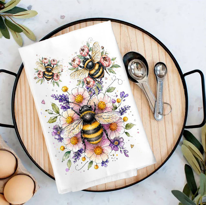 Whimsical Bees Flowers Tea Towel