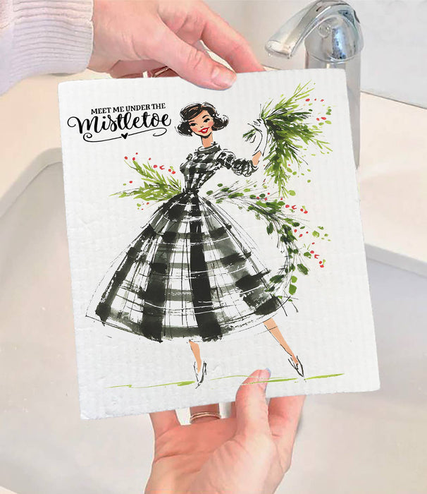 Retro Christmas Meet me Mistletoe Swedish Dishcloth